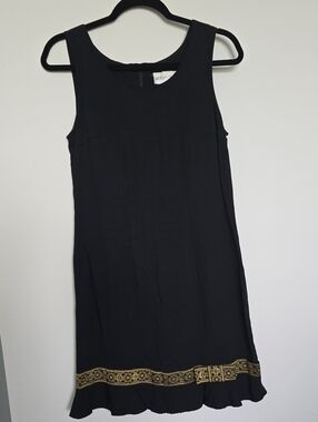 Sleeveless Black Mini Dress with Gold Embroidered Trim